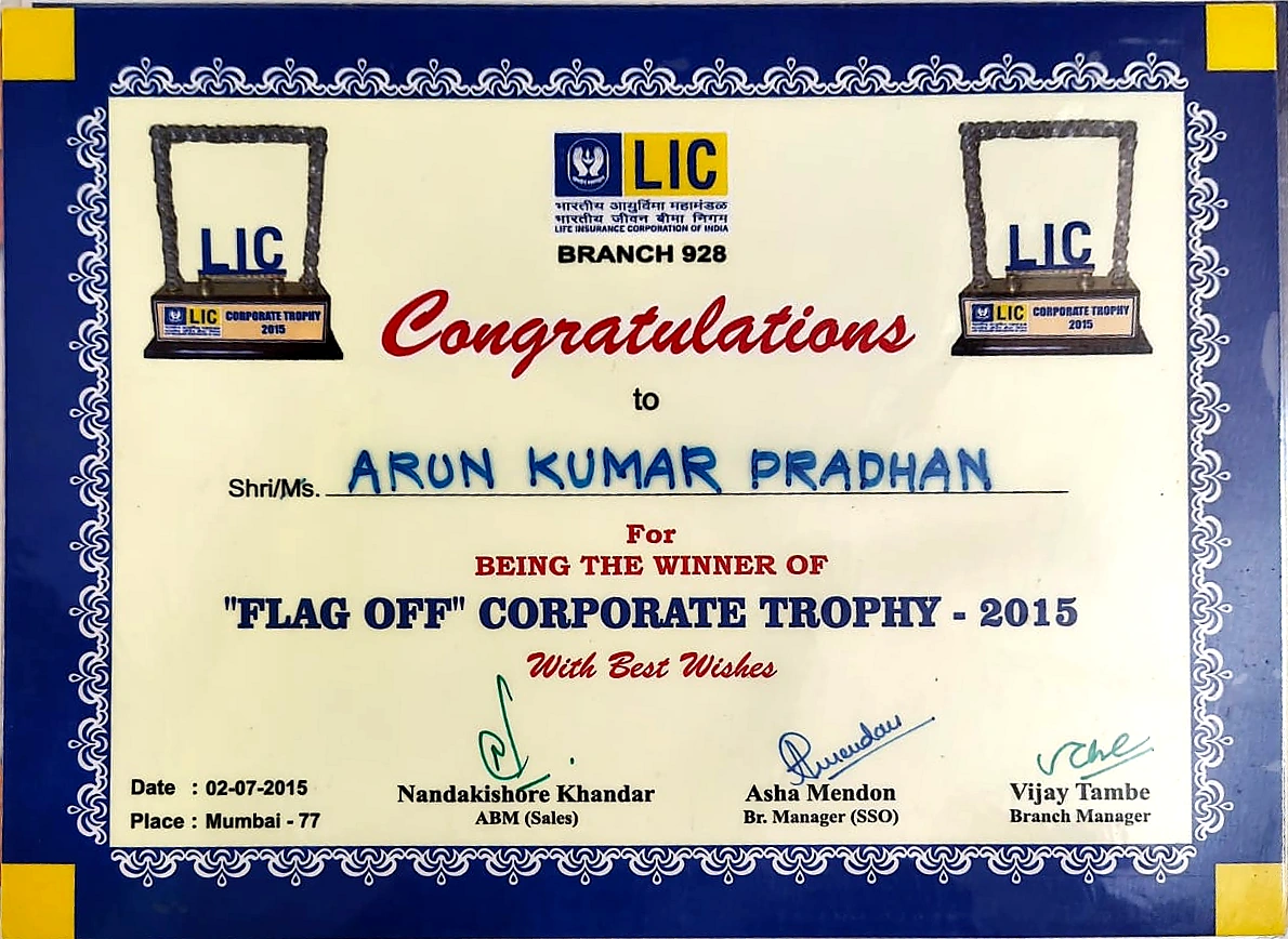 LIC Flag Off Corporate Trophy certificate awarded to Arun Kumar Pradhan