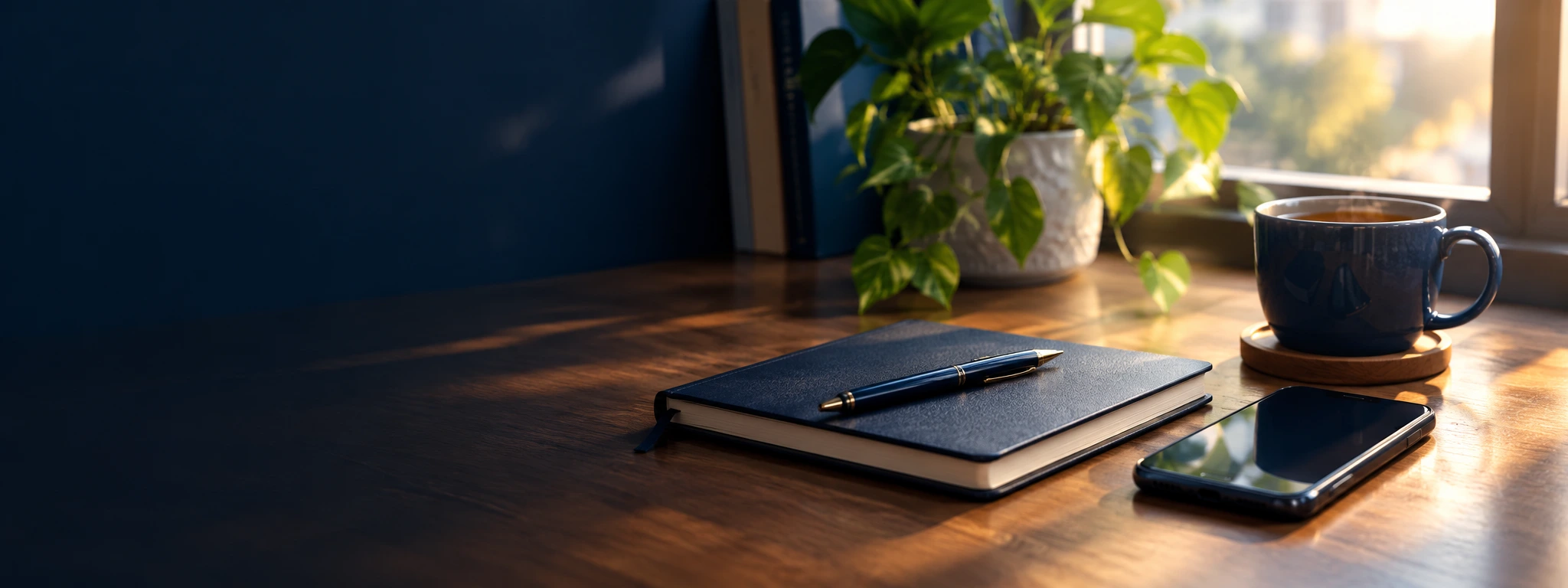 A desk with a notebook and phone in warm window light