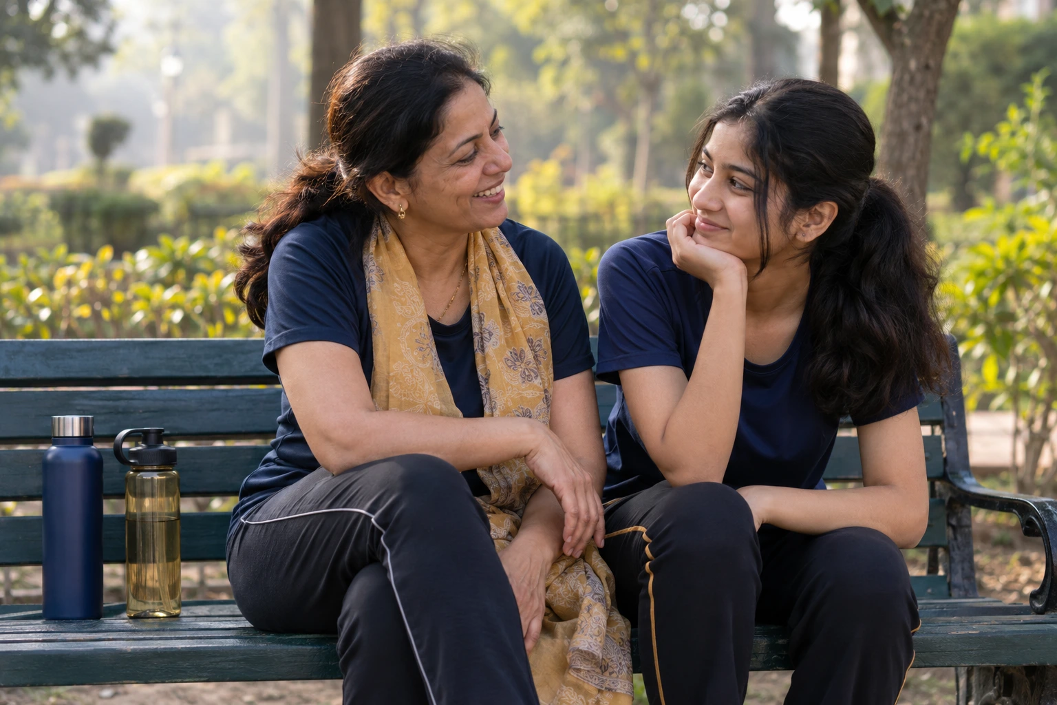 A mother and her daughter resting on a park bench