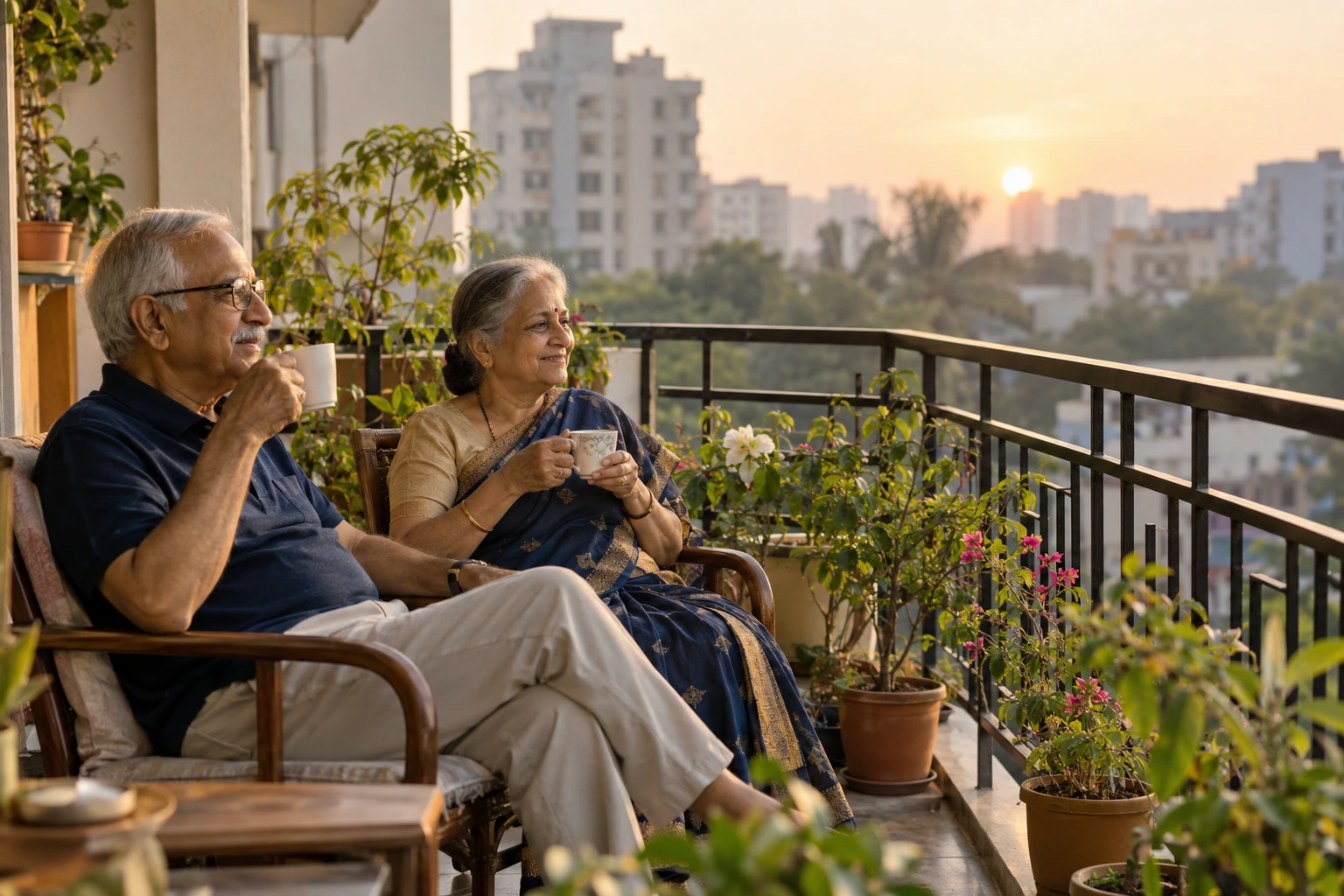 An elderly couple having tea together on a balcony