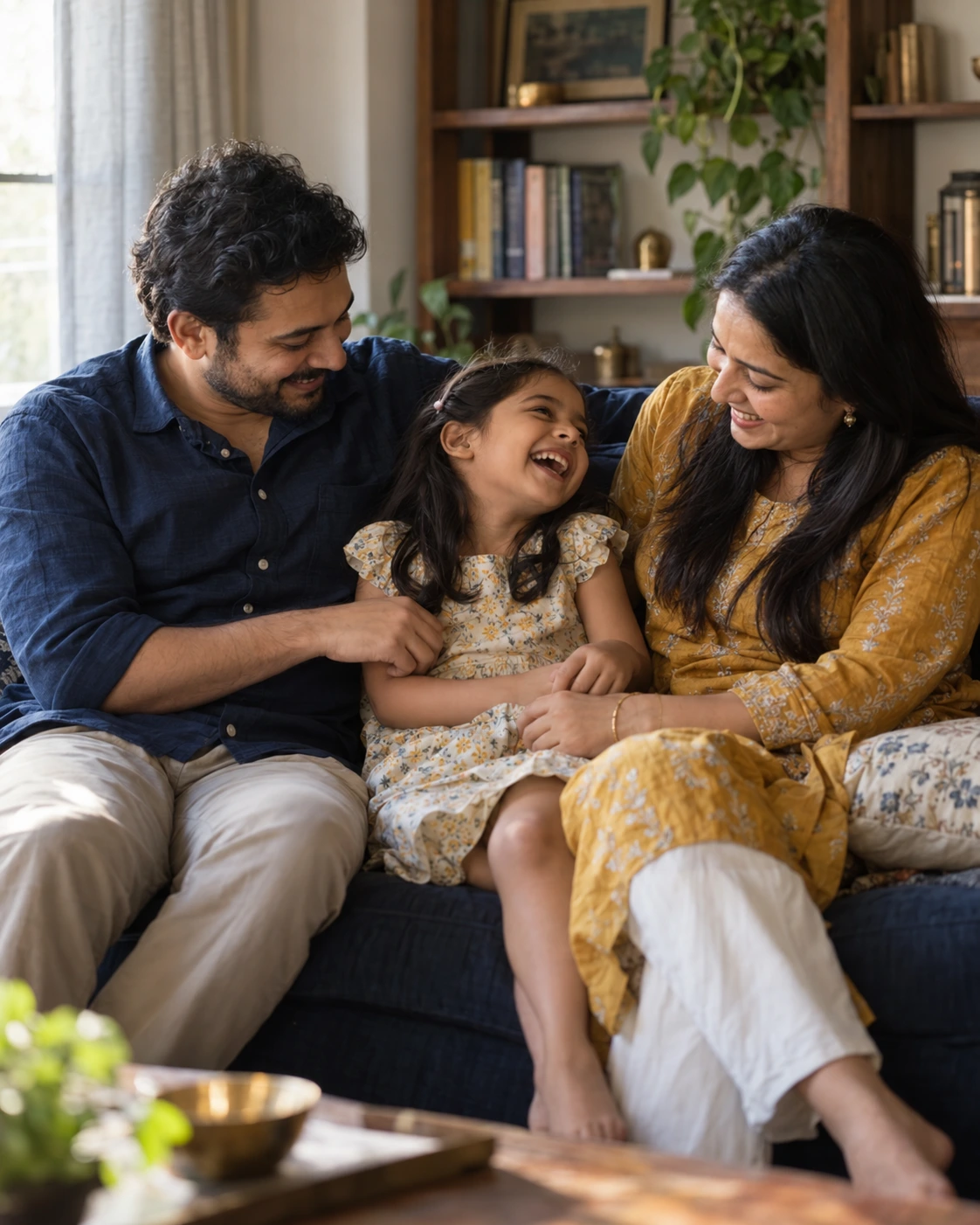 A family laughing together on a sofa at home